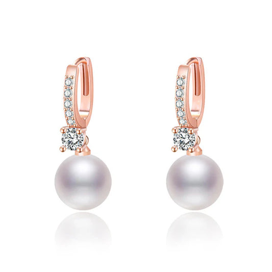 Pearl & Crystal Hoop Drop Earrings in Rose Gold Tone