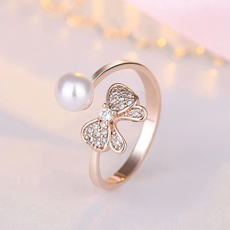 Pearl Butterfly Open Ring in Rose Gold Tone