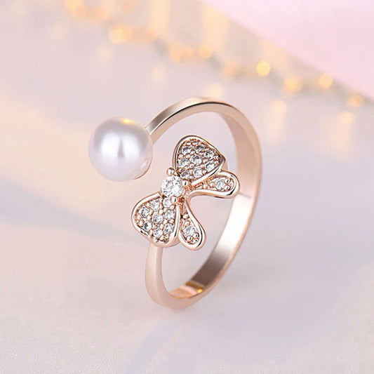Pearl Butterfly Open Ring in Rose Gold Tone