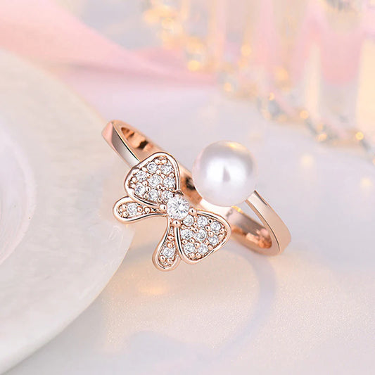 Pearl Butterfly Open Ring in Rose Gold Tone