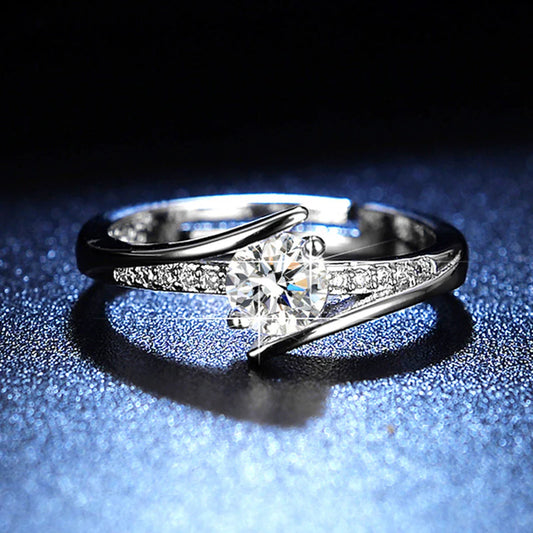 Elegant Solitaire Curve Ring in Silver Tone