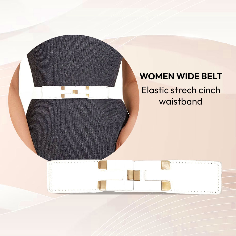 Square-Buckle Stretch Elastic Waist White Belt for Women’s Dresses