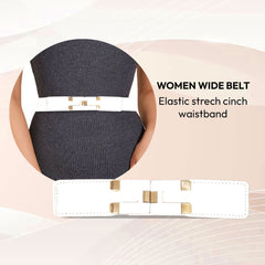 Square-Buckle Stretch Elastic Waist White Belt for Women’s Dresses