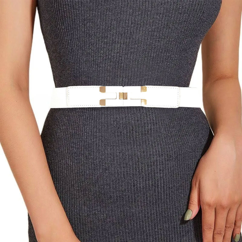 Square-Buckle Stretch Elastic Waist White Belt for Women’s Dresses