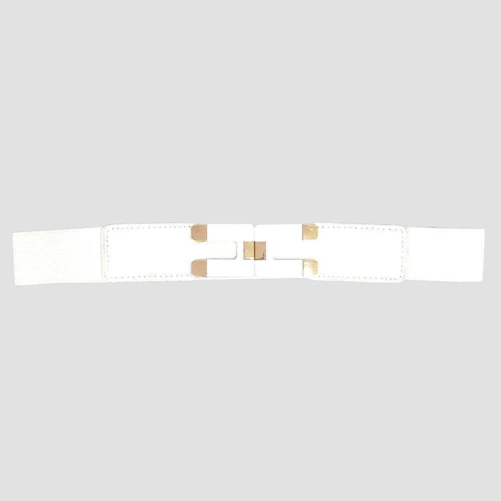 Square-Buckle Stretch Elastic Waist White Belt for Women’s Dresses