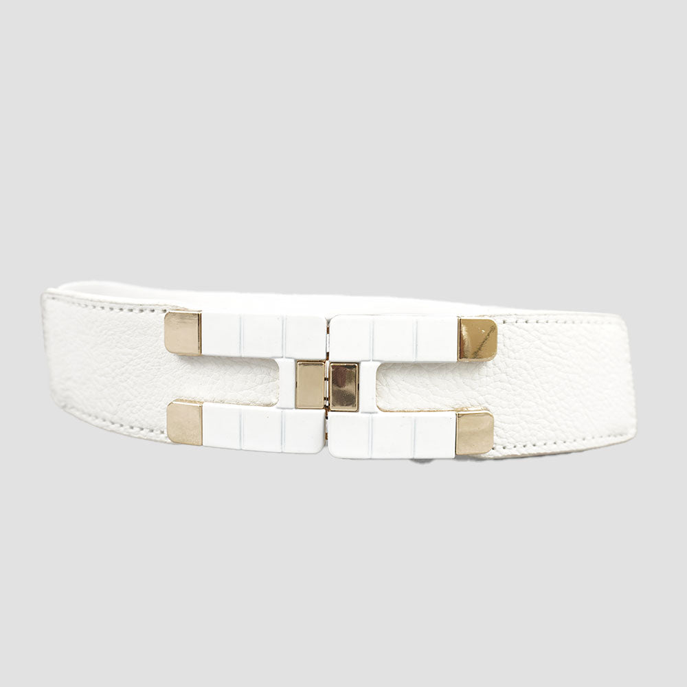 Square-Buckle Stretch Elastic Waist White Belt for Women’s Dresses