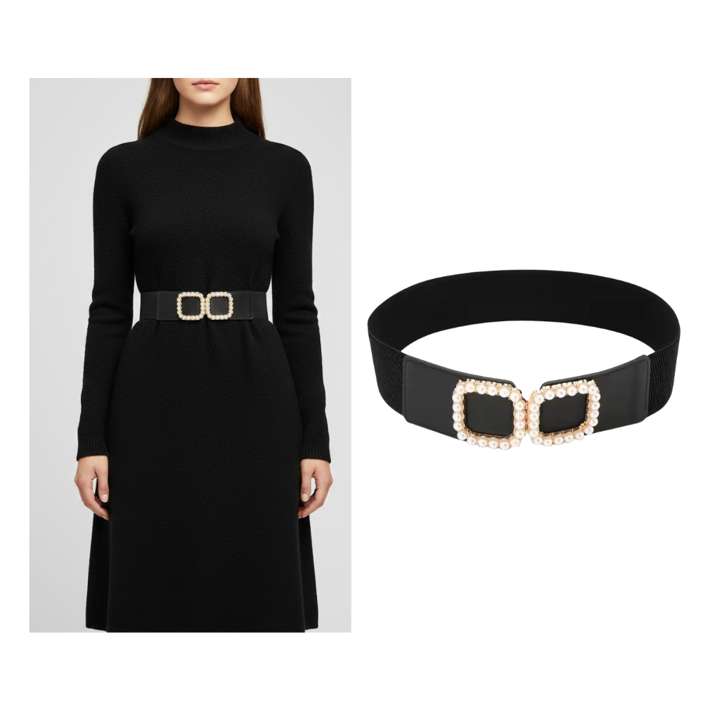 Big square pearl buckle waist cincher belt