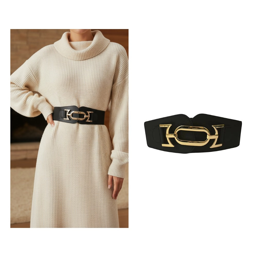 Women Casual Nylon Buckle Belt (Black and Gold Color) Textured Pattern Free Size