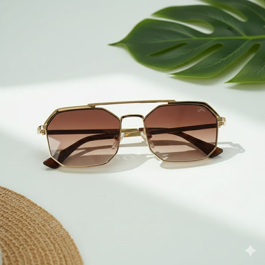 Hexagonal Sunglass (Brown Lens With Silver Frame)