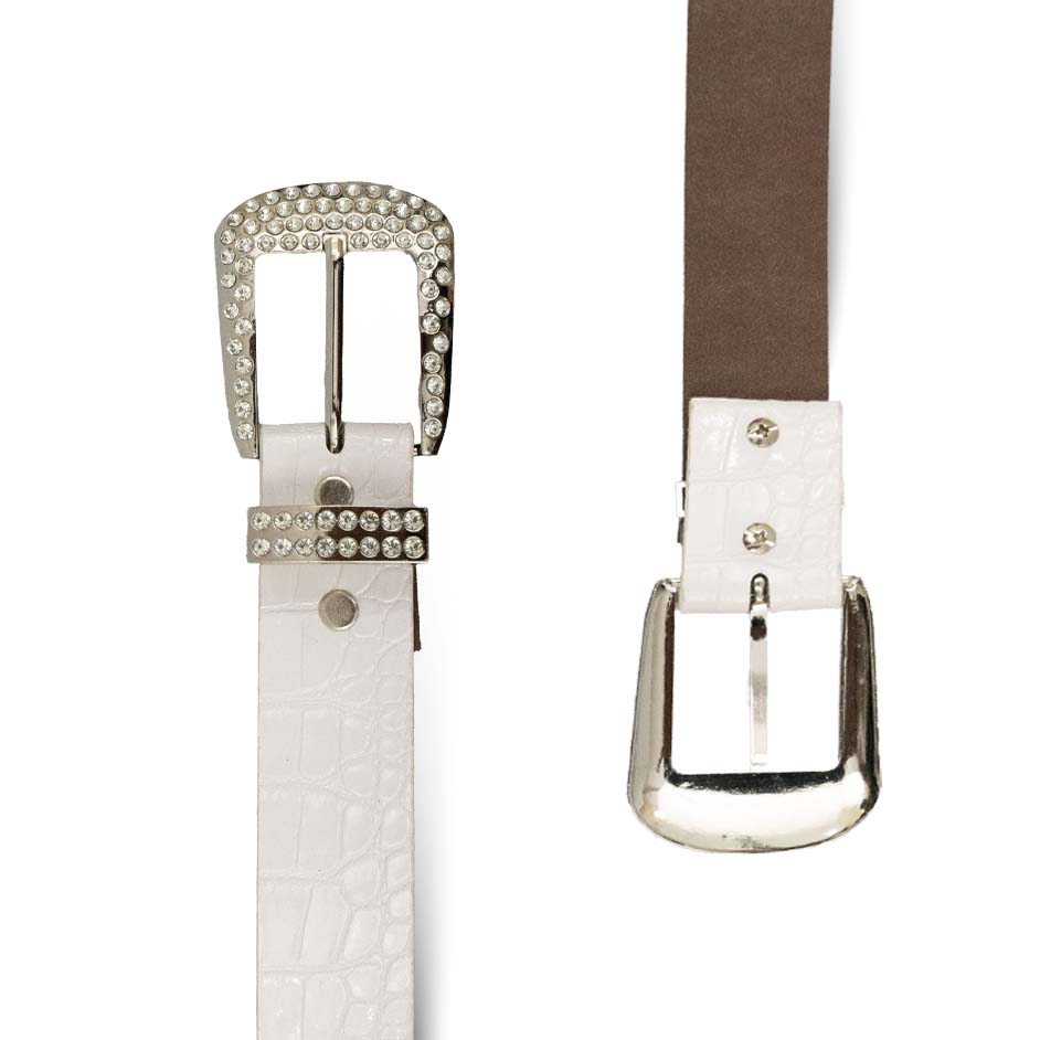 White Vegan Leather Belt with Shine Rhinestones – Women Elegance in Locomotive Style