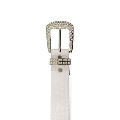 White Vegan Leather Belt with Shine Rhinestones – Women Elegance in Locomotive Style