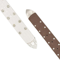 White Vegan Leather Belt with Shine Rhinestones – Women Elegance in Locomotive Style