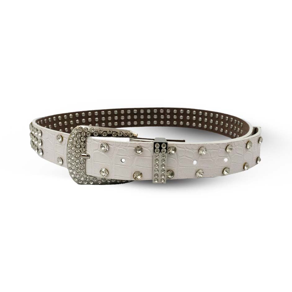 White Vegan Leather Belt with Shine Rhinestones – Women Elegance in Locomotive Style