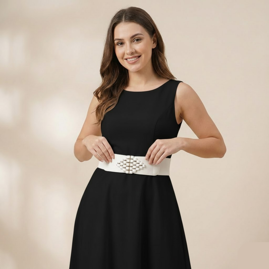 White Elastic Waist Belt with Gold & Bead Interlocking Buckle