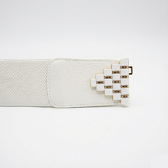 White Elastic Waist Belt with Gold & Bead Interlocking Buckle