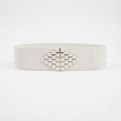 White Elastic Waist Belt with Gold & Bead Interlocking Buckle