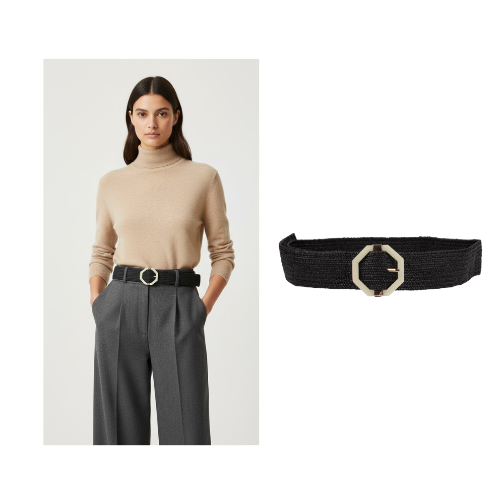 Black Leather Women Belt With Hexagonal Buckle