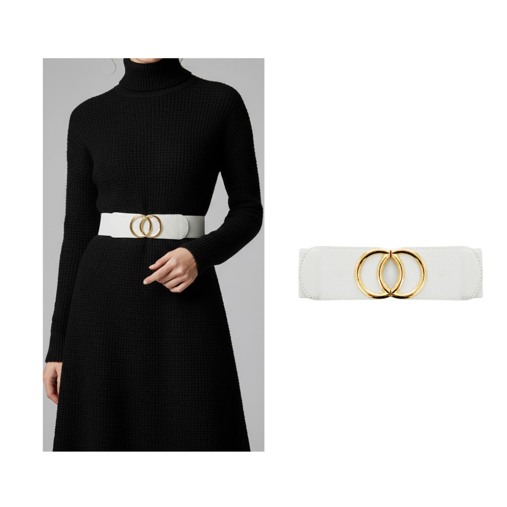 Designable White Belt with Double-Ring Gold Buckle