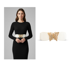 A Graceful White Elastic Belt with Gold Butterfly Buckle Statement Accessory