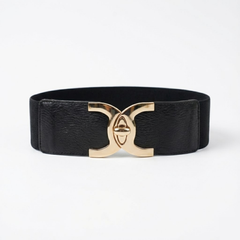 Stylish Black Faux Leather & Elastic Waist Belt with Statement Gold Turn-Lock Buckle