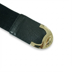 Stylish Black Faux Leather & Elastic Waist Belt with Statement Gold Turn-Lock Buckle