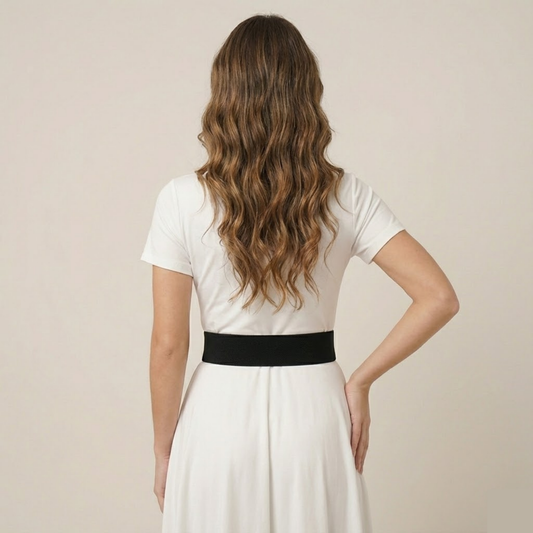 Stylish Black Faux Leather & Elastic Waist Belt with Statement Gold Turn-Lock Buckle