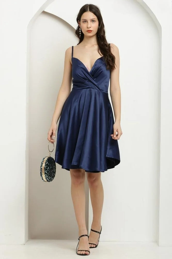 Deep Blue Satin A-Line Dress with Spaghetti Straps and V-Neckline