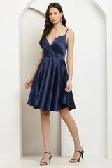 Deep Blue Satin A-Line Dress with Spaghetti Straps and V-Neckline