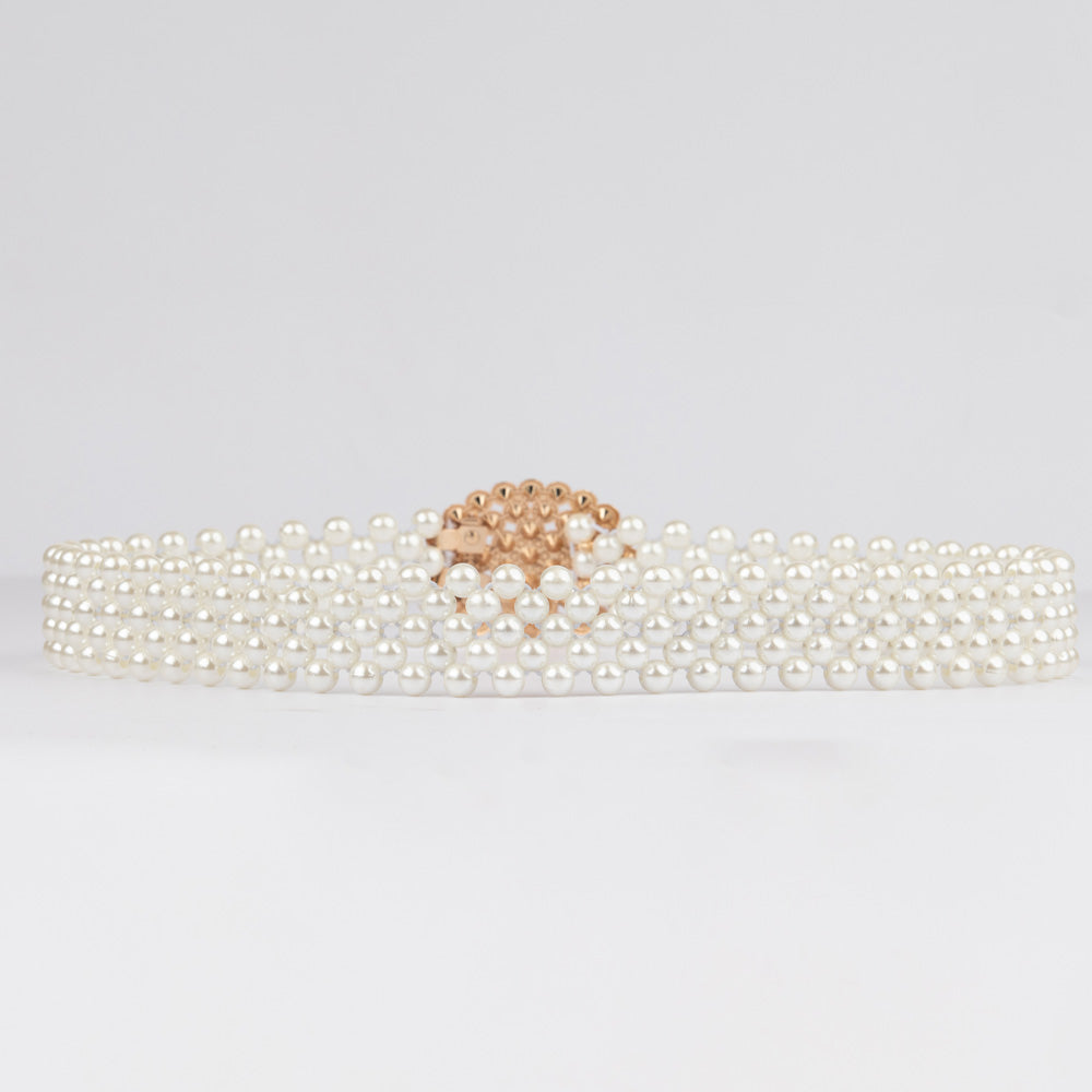 Belts for Women Pearl Rhinestone White Elastic Belt