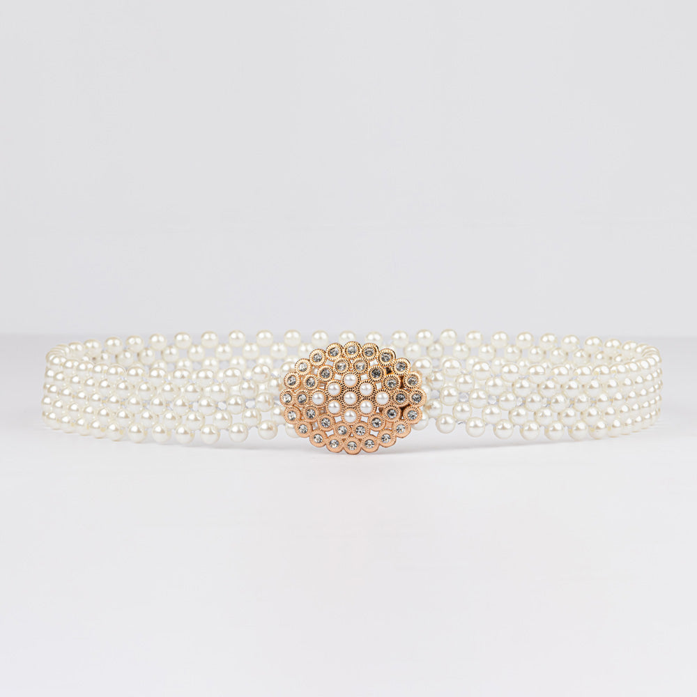 Belts for Women Pearl Rhinestone White Elastic Belt