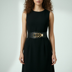 Black Elastic Belt with Gold Interlocking Rings Buckle