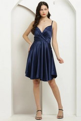 Deep Blue Satin A-Line Dress with Spaghetti Straps and V-Neckline