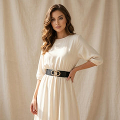 Black Elastic Cinch Belt with Gold Double-Circle Interlocking Buckle