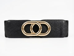 Black Elastic Cinch Belt with Gold Double-Circle Interlocking Buckle