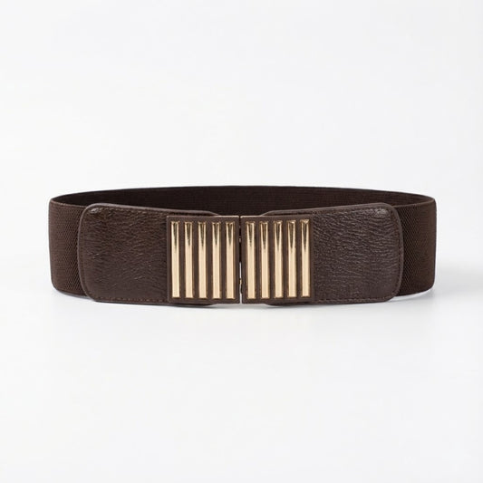 Women’s Wide Elastic Waist Belt with Gold Metal Bars