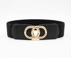 Black Elastic Cinch Belt with Gold Double-Circle Interlocking Buckle