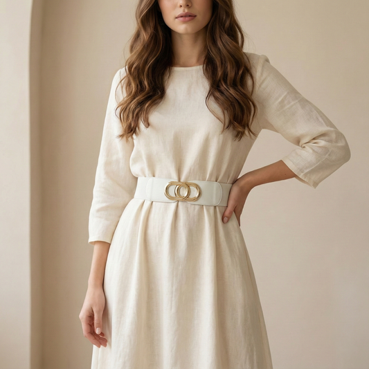 White Elastic and Faux Leather Wide Belt with Interlocking Gold Buckle