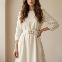 White Elastic and Faux Leather Wide Belt with Interlocking Gold Buckle