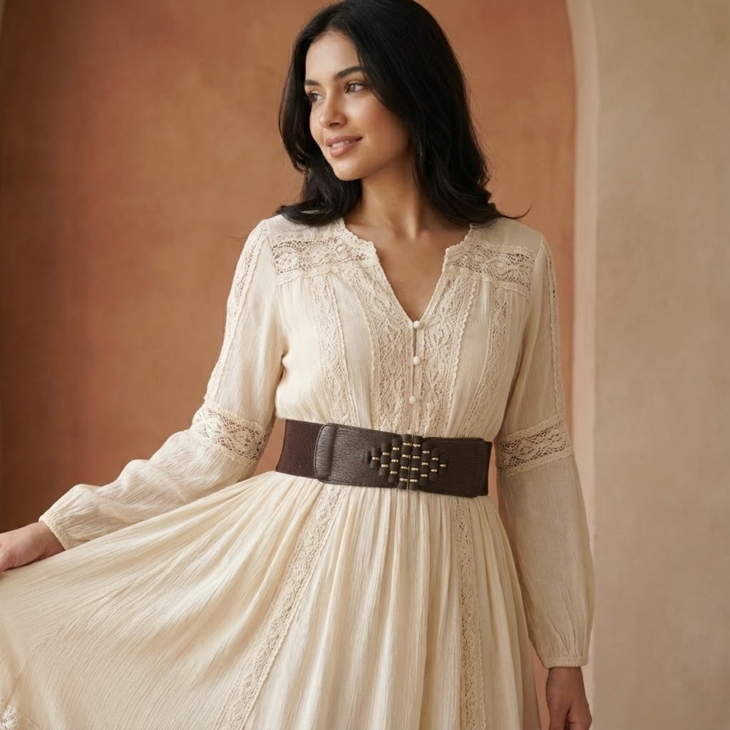 Wide Dark Brown Stretch Belt with Gold & Bead Interlocking Buckle