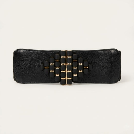 Wide Dark Brown Stretch Belt with Gold & Bead Interlocking Buckle