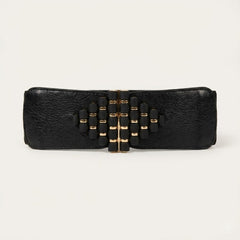 Wide Dark Brown Stretch Belt with Gold & Bead Interlocking Buckle